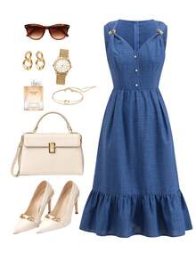Gownix Women's Sleeveless Decorative Button Waist-Cinched Ruffle Elegant Dress Garden Party Aqua Blue Summer - Blue - View 9