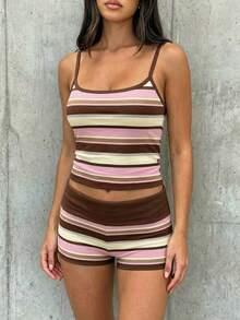 SHEIN EZwear Summer Colorblock Striped Camisole And Shorts Set - Multicolor - View 3