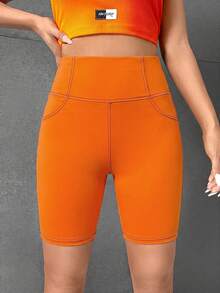SHEIN PETITE CURVE Quần short biker size lớn đắp chữ may viền nổi - trái cam - Xem 2