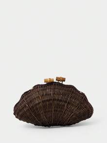 SHECARRY 女士手工編織貝殼藤編包，夏季海灘棕色手拿包，吸睛造型，輕量百搭，適合度假、海灘、波希米亞風 - 咖啡 - 查看 3