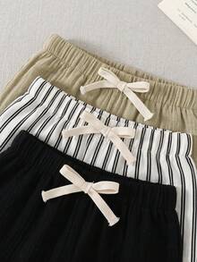 SHEIN 男孩女孩裝飾性織帶彈性腰長褲3件套，百搭舒適，適合外出、街拍、居家與派對 - 彩色 - 查看 6