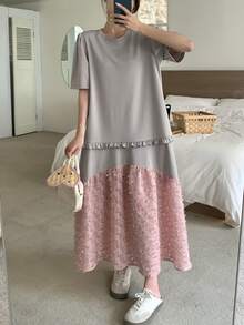 DAZY 女士撞色圆领荷叶边拼接短袖连衣裙 - 灰色 - 查看 2