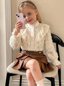 SHEIN 少女款流蘇荷葉邊單排扣長袖襯衫 - 杏色 - 查看 4