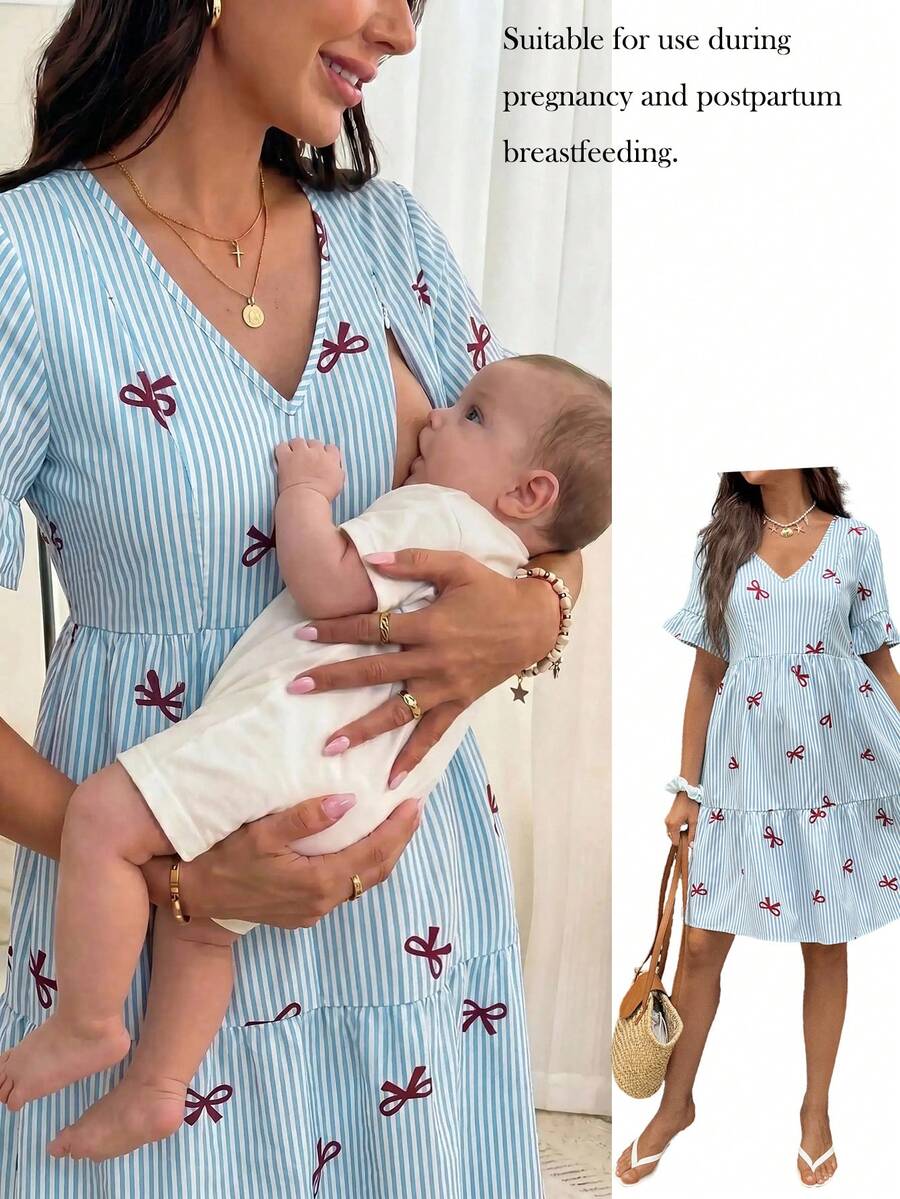 SHEIN 孕妇休闲条纹蝴蝶结印花V领荷叶边短袖哺乳连衣裙,适合海滩和度假穿着 - 藍白色 - 查看 1