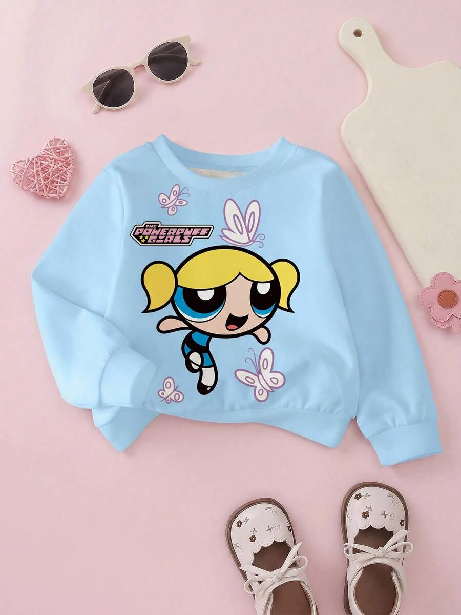 THE POWERPUFF GIRLS X SHEIN Áo nỉ dài tay cổ tròn họa tiết bong bóng cho bé gái - trắng - Xem 1