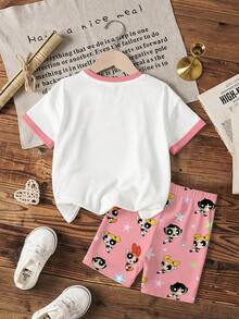 THE POWERPUFF GIRLS X SHEIN 2件套 女童花朵、泡泡、毛茛图案撞色短袖T恤和短裤套装 - 白色 - 查看 2