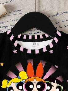 THE POWERPUFF GIRLS X SHEIN 年轻女孩休闲时尚街头日常通勤趣味卡通星星印花短袖T恤，夏季 - 白色 - 查看 4