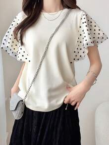 FRIFUL Women's Wavy Ruffle Edge Striped Loose Color Block Short Sleeve T-Shirt, Summer Top For Women - Apricot - View 2