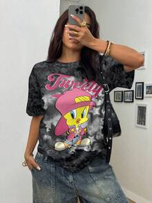 LOONEY TUNES X SHEIN 女款字母卡通印花短袖T恤 - 白色 - 查看 3