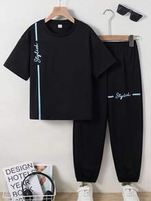 SHEIN 男童休閒運動兩件組，字母印花短袖兩件組 - 黑色 - 查看 3