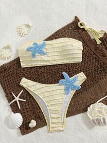 Bonvoyette Summer Beach Vacation Viral Women's Bandeau Top With Detachable Straps, Starfish Embellishment, Special Random Fabric Texture, High-Cut Bottoms - Yellow - View 4
