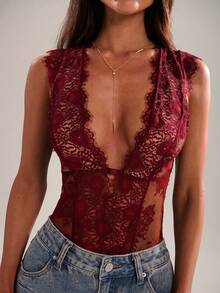 SHEIN BAE بودي سوت نسائي من الدانتيل مثير ومتعدد الاستخدامات للمواعدة والخروجات - عنابي اللون - مشاهدة 6