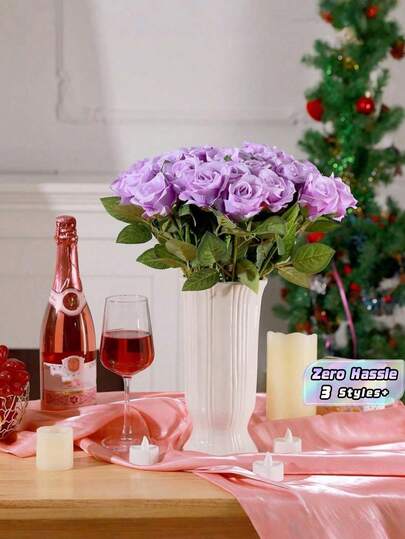 12/20/40Pcs Purple Artificial Roses Premium Valentine's Day Gift Flowers For Home Room Table Wedding Decor Bridal Bouquet Wrist Corsage Vase Arrangement In Dining Room Bedroom