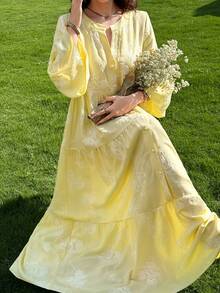 Yasmyna Spring/Summer Gentle Style Yellow V-Neck Embroidered Long Sleeve Loose Slimming Flared Elegant Casual Vacation Dress For Women - Yellow - View 10
