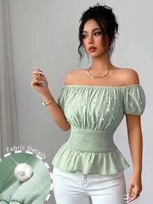 Modelyn Off-Shoulder Short Sleeve Cinched Waist Slim Fit Blouse, Spring/Summer Date Brunch Daytime Tea Party Golf Sage Green Elegant Romantic Sexy - Green - View 9