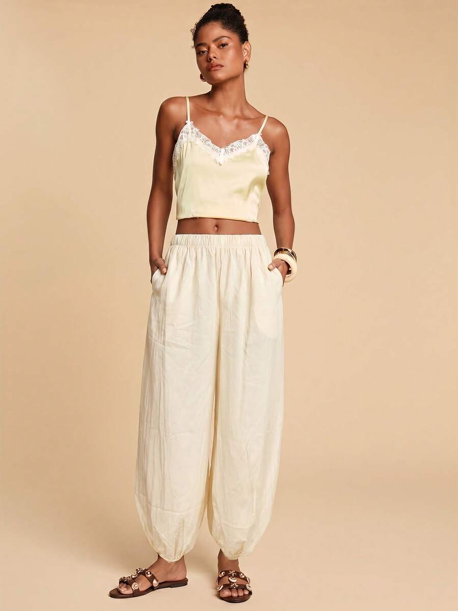 Travachic Women's Casual Solid Color Loose Elastic Waist Long Pants - Apricot - View 1