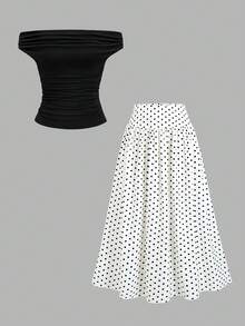 Sweetra Fashion Elegant Vintage Shoulder Top With Waist-Defining Polka Dot Skirt, Minimalist French Style Commuter Outfit, Spring/Summer Versatile New Women's 2-Piece Set - Black and White - View 2