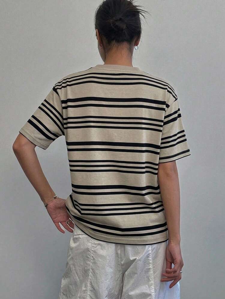 DAZY Casual Sports Summer Top Contrast Color Striped Loose Short Sleeve Crew Neck Women's T-Shirt - Apricot - View 2