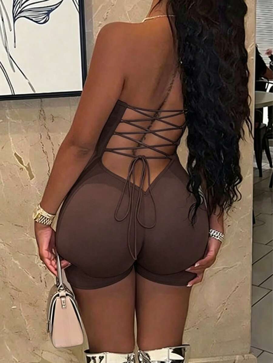 INAWLY Solva Women's Fashion Casual Sexy Backless Lace-Up Tight Jumpsuit - Coffee Brown - View 1