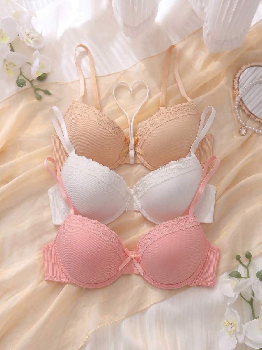 DelicateAllure 3 件套女士简约休闲聚拢轻薄钢圈文胸 - 彩色 - 查看 1