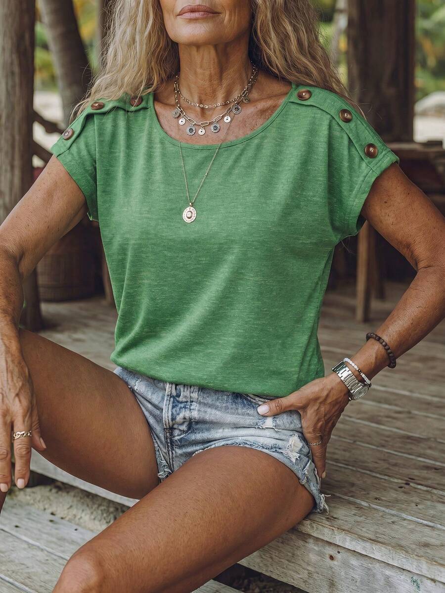 EMERY ROSE Women's Button Decor Round Neck Short Sleeve T-Shirt - Green - View 1