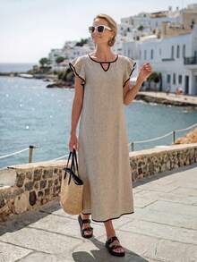 Faunlyn Women's Piped Keyhole Neckline Ruffle Sleeve Midi Dress Vacation Summer Casual French Everyday Going Out Holiday Outfits Black And Silver - Khaki - View 7