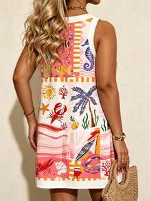 Vaclyn Robe sans manches à col rond pour femmes avec imprimé de poissons multicolores et de cocotiers, convient pour les voyages à la plage au printemps/été, article indispensable - Rose vif - Voir 3