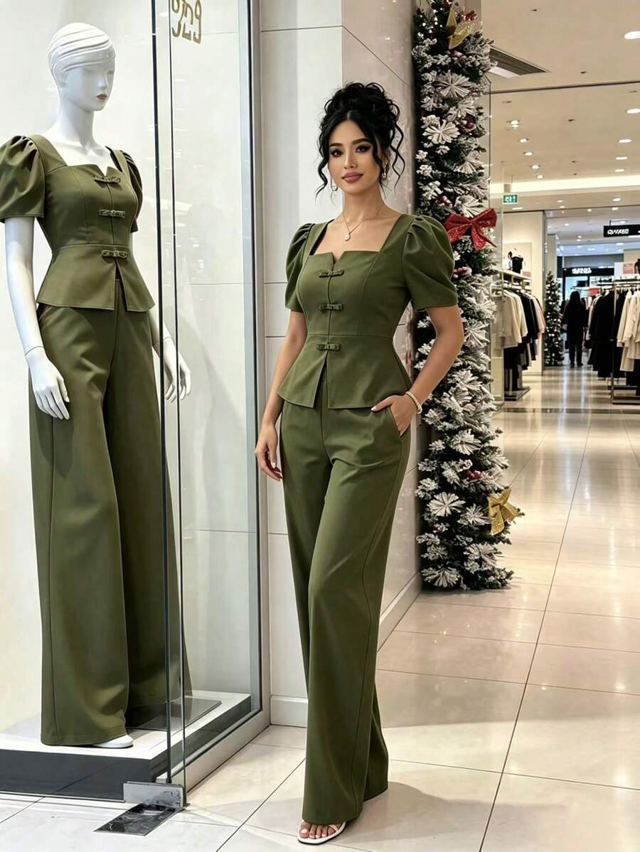 SHEIN Clasi 大尺碼女款優雅簡約橄欖綠蝴蝶結裝飾泡泡袖鈕扣新中式兩件套上衣 精緻聚會商務紋理面料 - 軍綠色 - 查看 1