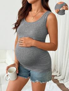 SHEIN 孕婦純色圓領哺乳功能休閒日常百搭背心上衣 - 灰色 - 查看 8