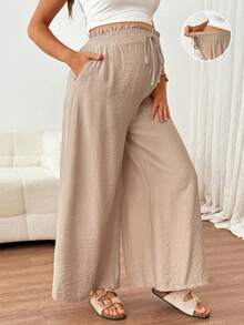 SHEIN Maternity Spring/Summer Comfortable Elastic Waist Drawstring Solid Color Long Pants Suitable For Beach, Holiday, Vacation,,Autumn Outfit For Women - Khaki - View 7