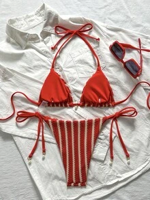 Swim Mod 女款春夏季緹花面料掛脖珍珠吊飾比基尼套裝 - 紅色 - 查看 3