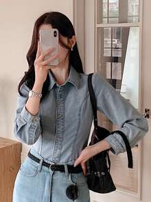 DAZY Light Wash Blue Collared Pocket Loose Long Sleeve Denim Shirt Spring Summer Autumn - Blue - View 3