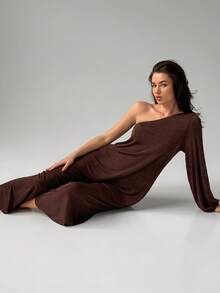 Livesso Women's Solid Color One-Shoulder Casual Daily Home Wear Jumpsuit Long Pants Pajamas - Coffee Brown - View 6