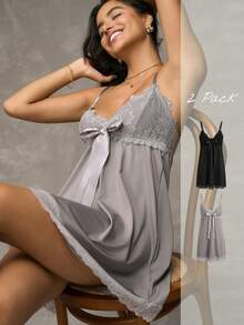 Wedaily 2pcs Lace Patchwork Big Bow Deep V Comfortable Daily Sleeping Women's Nightgown Grey Black Summer Elegant - Multicolor - View 4