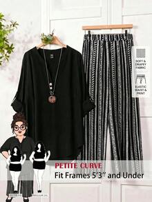 SHEIN PETITE CURVE Conjunto de 2 piezas para mujer talla grande: Camisa minimalista con cuello en V y botones, y pantalones casuales a rayas - Negro - Ver 1