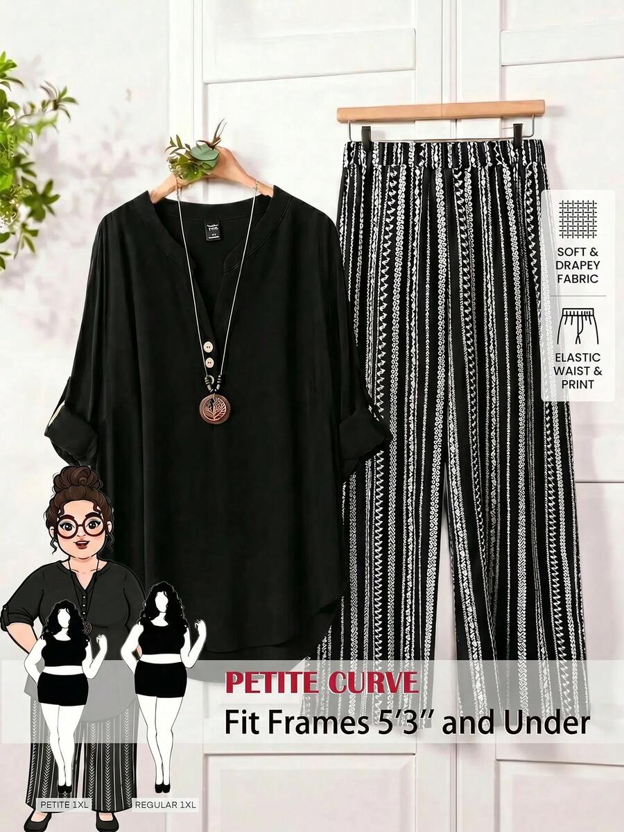 SHEIN PETITE CURVE Conjunto de 2 piezas para mujer talla grande: Camisa minimalista con cuello en V y botones, y pantalones casuales a rayas - Negro - Ver 1