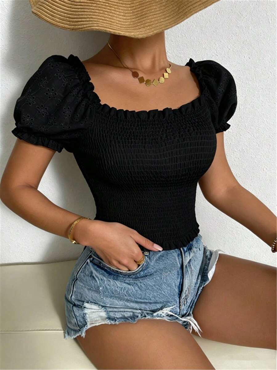 Breezaya Blus Wanita Kasual Musim Panas Warna Polos Lengan Mengembang - Hitam - View 1