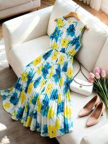 GlowEve CURVE Plus Size Women's Elegant Brown Summer Flowy Floral V-Neck Sleeveless A-Line Maxi Dress, Marble Cinched Waist Ruched Tea Party Gym Vacation - Green - View 2