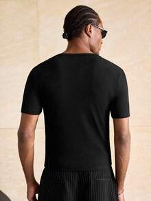 ESTAVOR Men's Fashion Versatile Ribbed Button Half-Placket Short Sleeve T-Shirt - Black - View 5