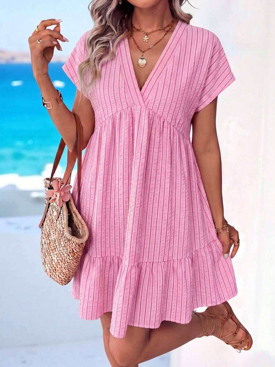 Easowa Curve Plus Size Women's Textured Striped Ruffle Hem V-Neck Vacation Dress - Multicolor - View 1