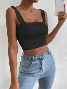 Allurite Solid Color Square Neck Slim Fit Pleated Tank Top - Black - View 5
