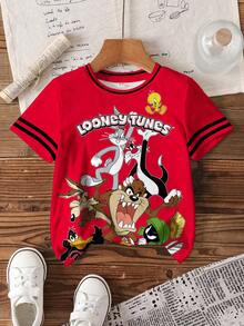 LOONEY TUNES X SHEIN 男童夏季休闲撞色条纹卡通字母图案圆领短袖T恤 - 白色 - 查看 7