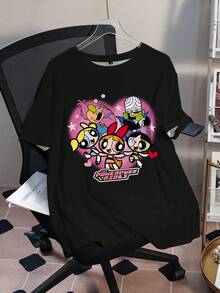 THE POWERPUFF GIRLS X SHEIN Plus Size Crew Neck Short Sleeve Casual Cute Printed T-Shirt - White - View 8
