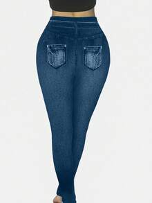 SHEIN LUNE Celana Panjang Wanita Ukuran Besar Modis Seksi dengan Motif Denim Efek Skinny - MultiWarna - View 2