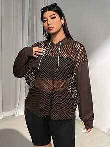 SHEIN EZwear 大尺碼女款春夏長袖休閒對比網紗透視連帽帽 T恤運動衫 秋冬適用 - 棕色 - 查看 3