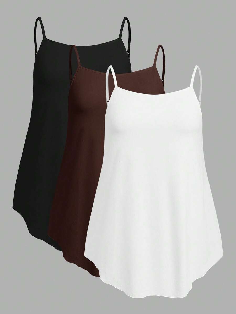 SHEIN EZwear 休閒極簡風黑白棕大尺碼細肩帶背心與背心上衣3件組,適合夏季 - 彩色 - 查看 1