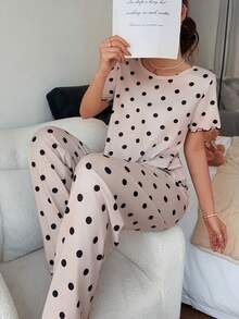 Napfluff 女款圓點印花休閒圓領短袖睡衣套裝 - 粉色 - 查看 6