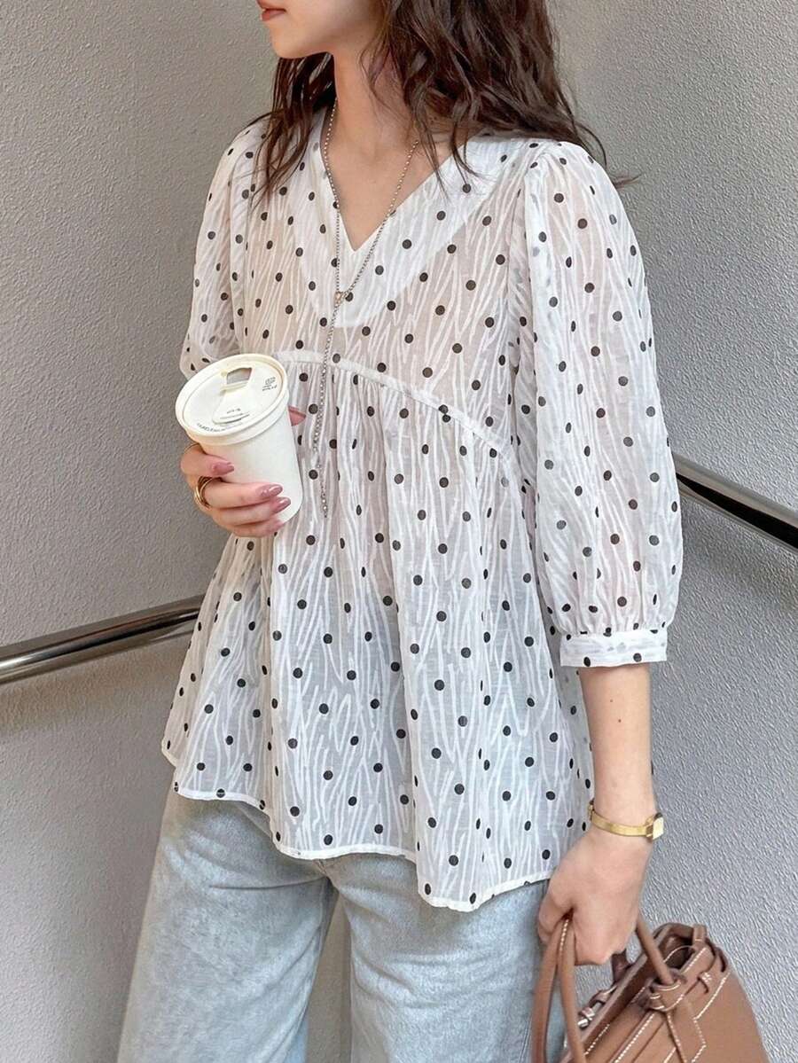 FRIFUL 女款黑色V領泡泡袖上衣夏季服飾 - 白色 - 查看 1