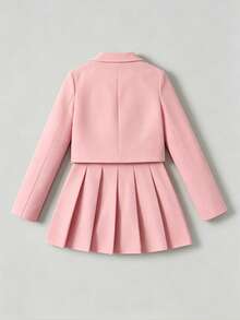 SHEIN Tween Girl Tween Girl Tween Girl Back To School Outfit, Fitted Pink Patchwork Long Sleeve Collared Vintage Preppy Exquisite Jacket Set, Casual Preppy Style - Pink - View 10