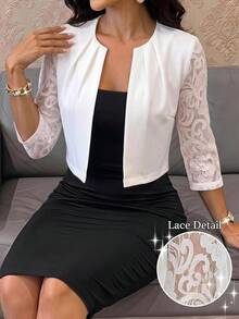 SHEIN Lady 女士纯色圆领插肩袖蕾丝拼接短款褶裥常规外套 - 白色 - 查看 1